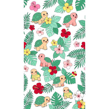 Cute Cartoon Turtles and Tropical Flowers Pattern