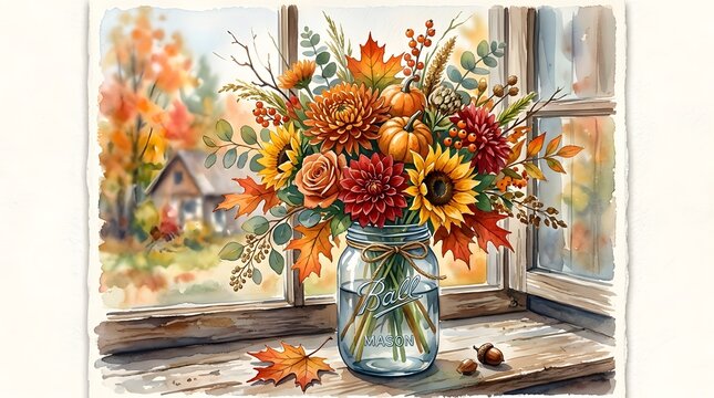 Watercolor Painting of Autumn Flowers in a Glass Jar on a Window Sill