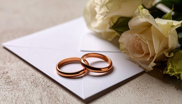 Wedding invitation with ring and fresh flowers