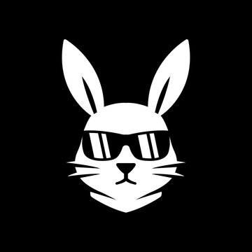 Cool white rabbit head mascot wearing sunglasses on black background
