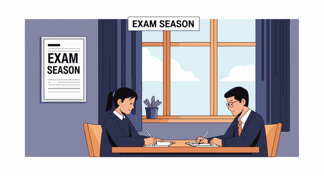 Students study diligently at a table during exam season with posters and a window view
