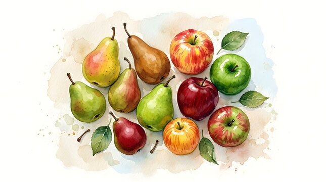 Fresh Apples and Pears Arrangement Isolated on White Background Watercolor Style