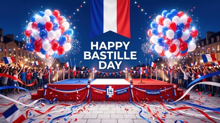 Bastille day celebration scene with french flag balloons and red white and blue ribbons on a stage at night with crowds of people and fireworks in the dark blue sky above a city square