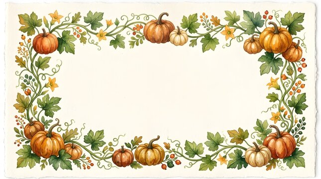 Watercolor pumpkin border frame with autumn leaves in a rustic harvest style
