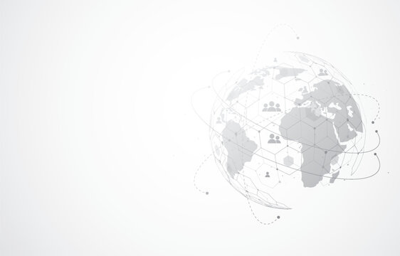 Global connection network abstract background with world map and people icons