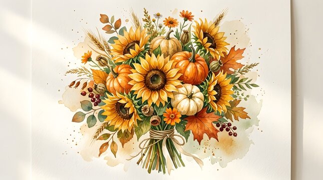 Watercolor Autumn Bouquet with Sunflowers and Pumpkins in Rustic Style