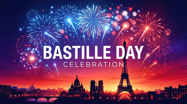 Bastille day celebration text over a silhouette of the paris skyline with the eiffel tower and colorful fireworks exploding in a night sky with red and blue gradients