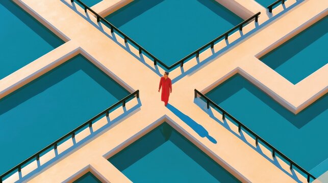 Overhead view of geometric pools and walkways with a woman in red on a minimal architectural cross