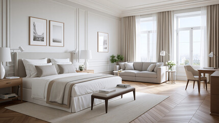 Fototapeta premium Bright living room features neutral tones and soft natural lighting