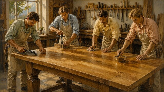 Four furniture craftsmen assembling a massive oak table, tightening joints, hand planing edges, polishing with natural oil inside a sunlit woodworking workshop filled with traditional hand tools