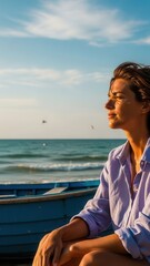 Fototapeta premium Woman sitting on beach looking at ocean wearing casual shirt. Serene coastal landscape with a boat.