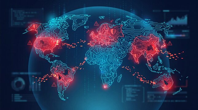 Global cyber threat map showing world continents with warning signs and circuit board patterns in red and blue on a dark background with code and graphs
