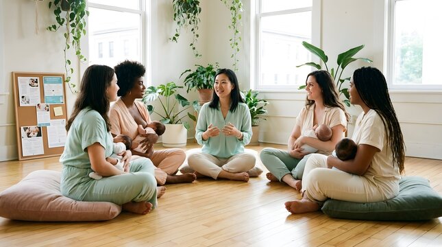 Diverse group of mothers sitting in a circle on the floor while breastfeeding their newborn babies during a support meeting