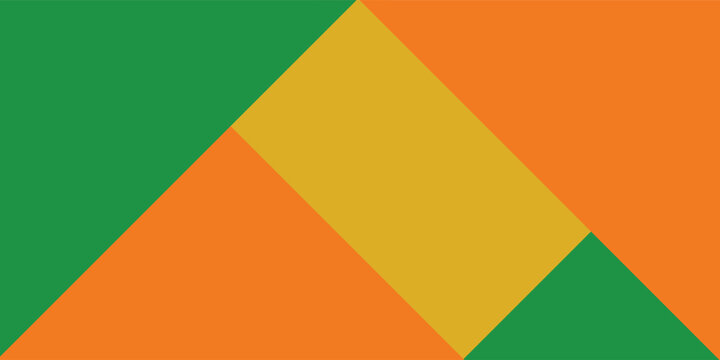 Minimalist geometric abstract background with sharp flat layers of green, orange, and yellow shapes. Modern colorful patchwork design for bright presentation templates, creative banners