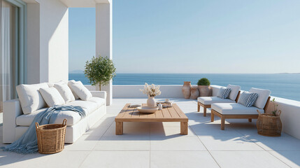 Fototapeta premium Bright living room with ocean view and cozy seating arrangement