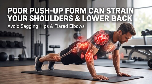 Man doing push-ups with poor form straining shoulders and lower back in gym