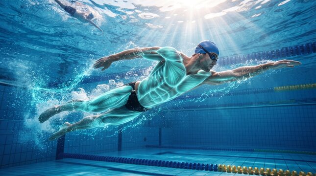 A male swimmer wearing a blue cap and black swimsuit swims underwater in a pool with a glowing aqua overlay highlighting his muscles and body movement.