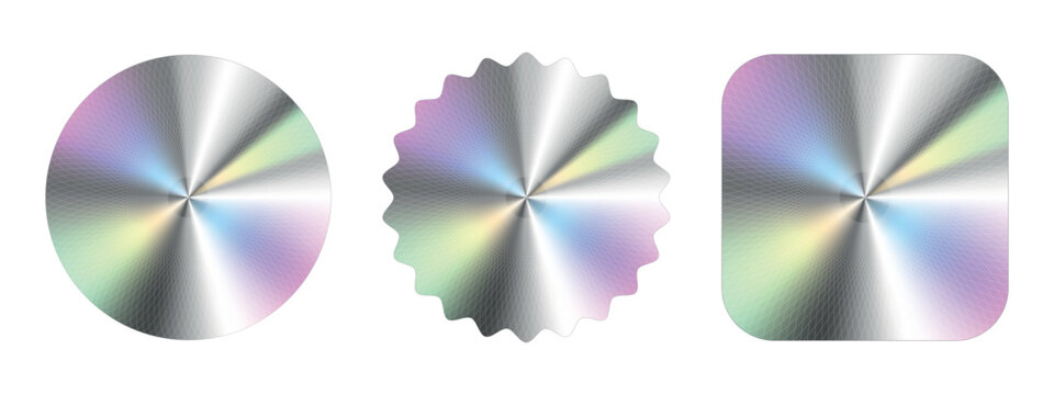 Hologram stickers and labels. Holographic seal.  Shiny rainbow emblem. Mockup for shopping icon. Blank adhesive stickers. Silver hologram stickers of different shapes.