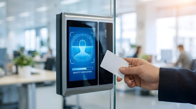 Professional hand holding a blank white access card to scan against a secure office digital identity verification biometric wall terminal
