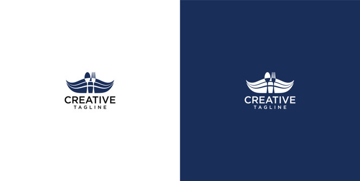 Creative food logo design template featuring spoon and fork with wing shapes on blue and white backgrounds