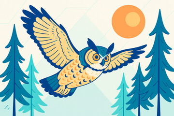 Fototapeta premium Colorful owl flying through stylized forest with sun in sky on bright background in creative flat illustration style. Ai generative