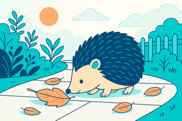 Fototapeta premium Cute cartoon hedgehog walking on a garden path with autumn leaves, surrounded by plants, under a soft sunny sky in a playful style. Ai generative