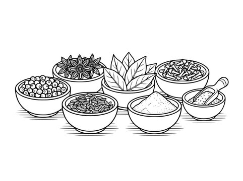 Hand Drawn Vector Illustration of Various Spices and Herbs in Bowls
