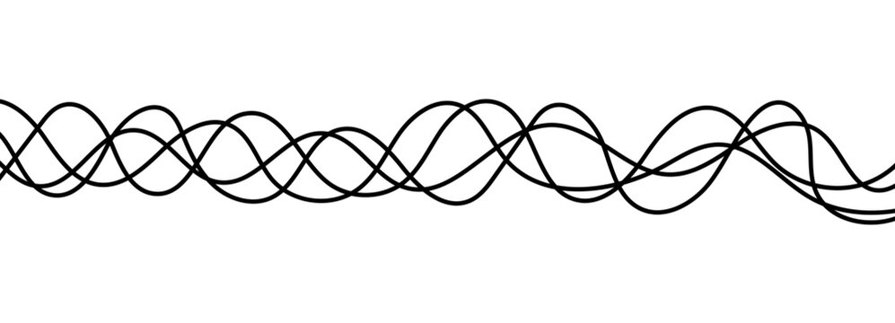 Squiggle, curvy, and curve for a long, wavy, and thin cable or continuous line with a loop and graphic element. Simple background design through a chaotic tangle of thread and sewing for a.