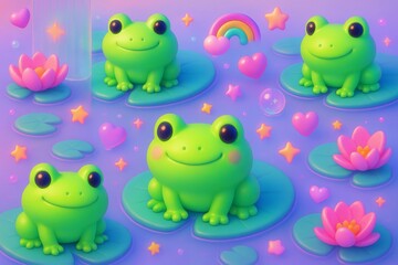 Obraz premium Cute cartoon frogs sitting on lily pads surrounded by stars, hearts, and flowers on a dreamy pastel background in a playful style. Ai generative