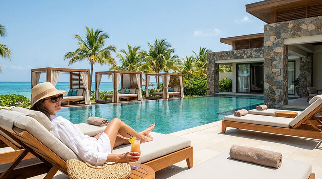 Woman at luxury resort poolside 
