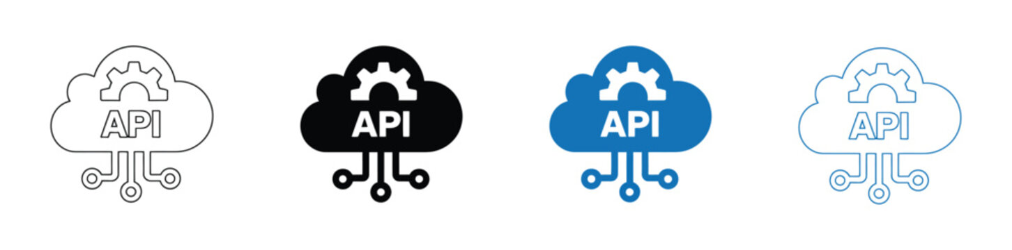 API icon set featuring application programming interface, cloud computing, software integration and data communication vector symbols.
