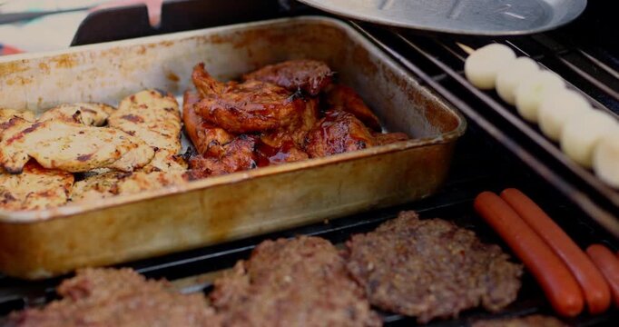 4th of July Barbecue Cooking Grilling Meat Chicken Beef Hot Dogs Onions in Celebration of America USA 250th Birthday - in Cinema 4K 30fps Slowed From 120fps