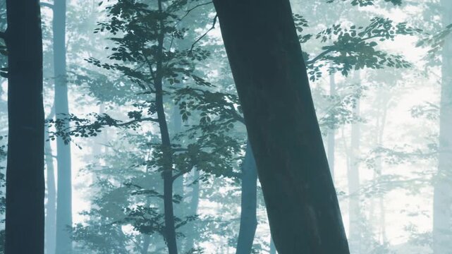 The scene shows a dense forest with tall trees shrouded in fog. The atmosphere is misty and the early morning light filters through the leaves.