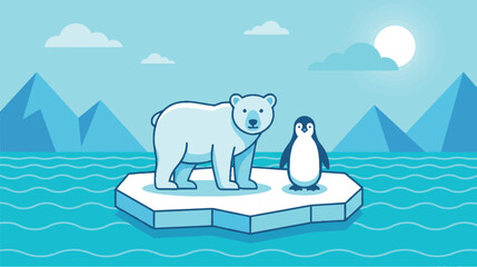 Cute polar bear and small penguin on floating arctic iceberg vector illustration, flat line climate change concept © ElcinSoft