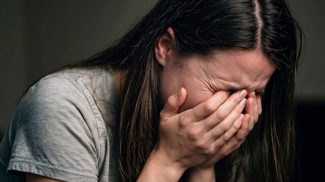 Distressed woman covering face with hands while crying. Emotional breakdown and mental health concept. Close-up shot with subtle camera tilt.