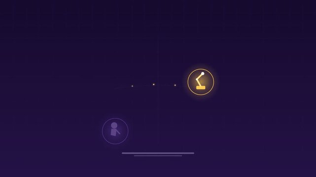 Robot rising human declining chart violet background loop