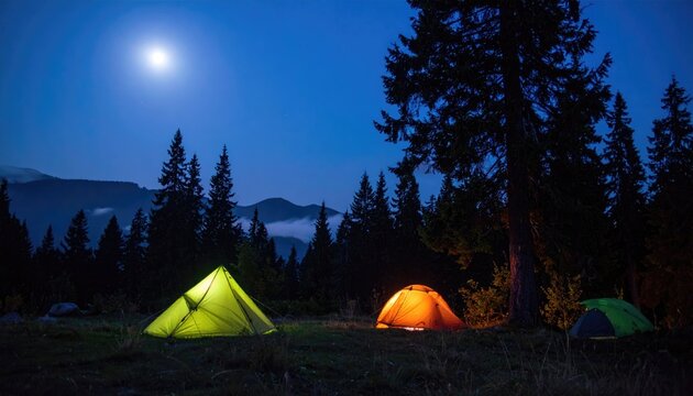  Tent Camping in a Forest During Full Moon Night. Foggy Mountains Camping