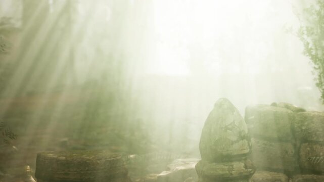 Sunlight filters through trees and highlights weathered stones in a clearing. The air is filled with fog. Nature surrounds the ruins. The scene shows the beauty of history and nature together.