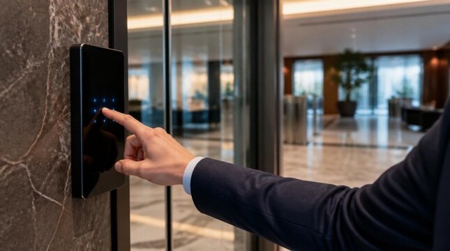 touch access control keypad mounted beside a premium glass entrance inside a high-security financial institution
