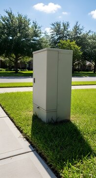 Outdoor view of a utility box on a sunny day in a residential area with green grass and trees.