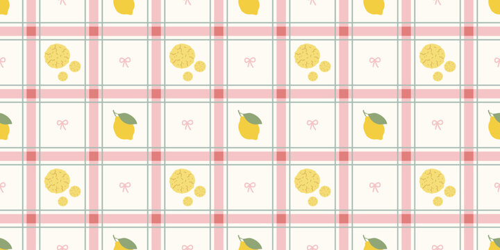 Bright lemon pattern with yellow citrus slices on plaid background for cheerful summer design