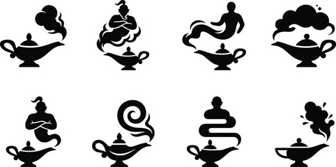 Magic Genie Lamp Silhouette Icon Set with Mythical Arabian Djinn and Smoke Symbols for Fantasy Vector Designs © Taijul