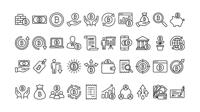 Bitcoin cryptocurrency finance outline icon set representing digital currency transactions investment growth and global exchange