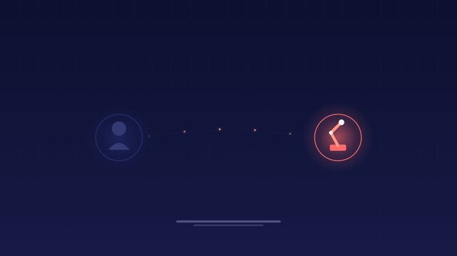 Animated Human worker facing AI robot indigo concept background loop