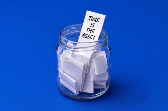 Glass jar filled with paper notes and 'TIME IS THE ASSET' message