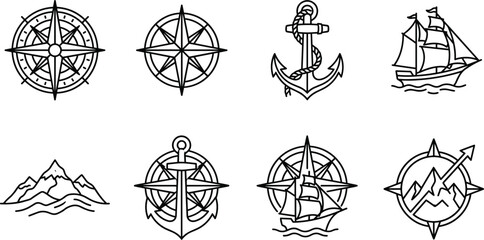 Nautical Compass Rose Line Icon Set with Vintage Sailing Ship and Marine Anchor Symbols for Vector Travel Designs © Taijul