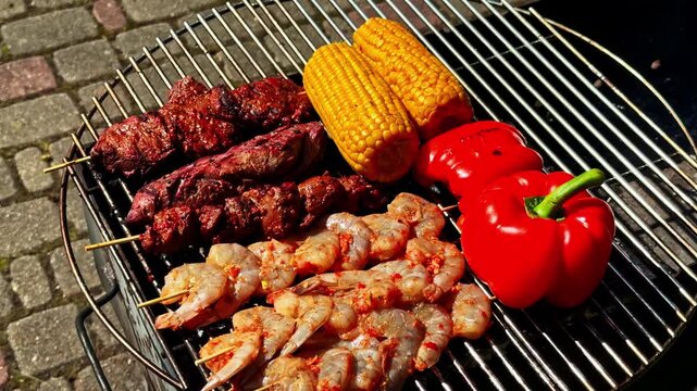 Outdoor barbecue grill loaded with shrimp skewers, grilled meat, corn on the cob and red bell pepper cooking in bright summer sunlight.