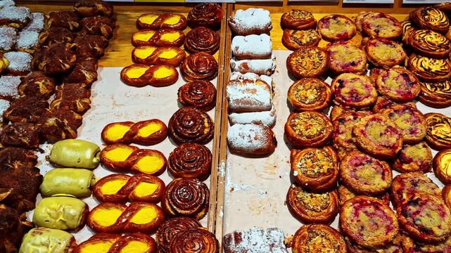 Bakery counter filled with assorted sweet pastries, custard buns, cinnamon rolls, powdered doughnuts, berry crumble tarts and golden Danish swirls.