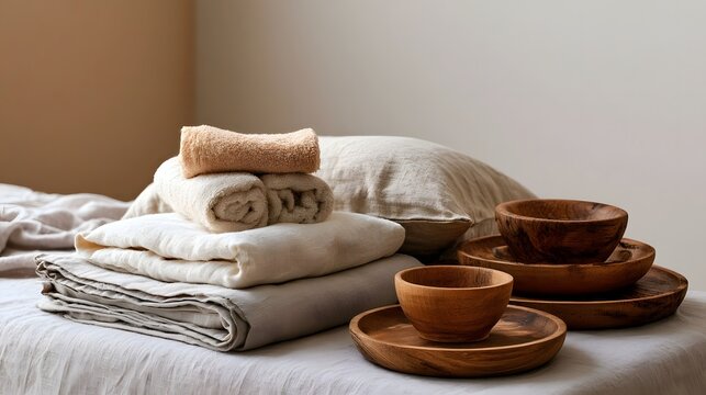 A serene spa setup featuring neatly folded linen towels  rolled bath towels  and wooden bowls on a bed with neutral walls