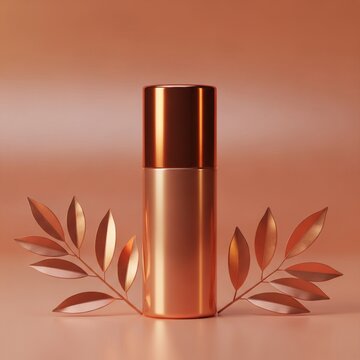 A mockup of a shiny skincare product bottle with copper-colored leaves on a peach background for advertising purposes